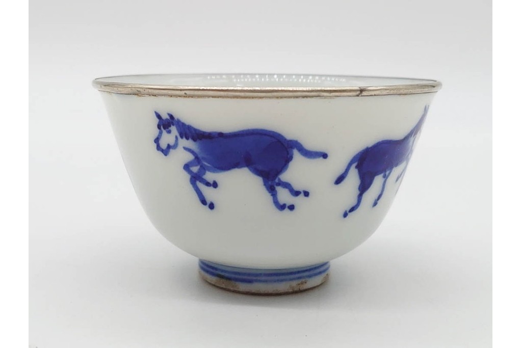 唐物　成化年製　南京染付　馬図が目を引く煎茶碗5点セット　外箱付き　(R-090407)