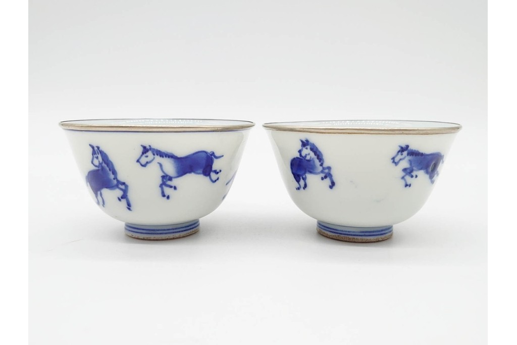 唐物　成化年製　南京染付　馬図が目を引く煎茶碗5点セット　外箱付き　(R-090407)