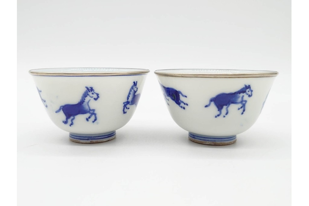 唐物　成化年製　南京染付　馬図が目を引く煎茶碗5点セット　外箱付き　(R-090407)