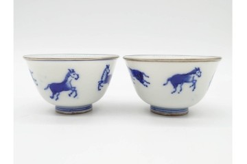 唐物　成化年製　南京染付　馬図が目を引く煎茶碗5点セット　外箱付き　(R-090407)