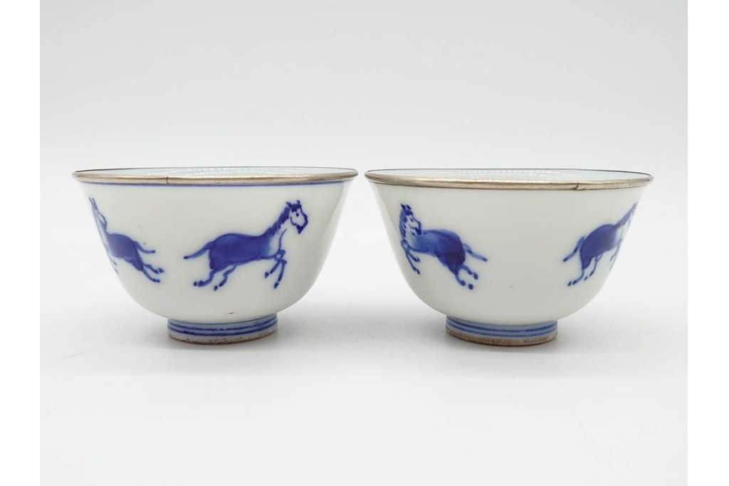 唐物　成化年製　南京染付　馬図が目を引く煎茶碗5点セット　外箱付き　(R-090407)