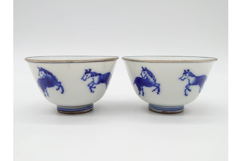 唐物　成化年製　南京染付　馬図が目を引く煎茶碗5点セット　外箱付き　(R-090407)