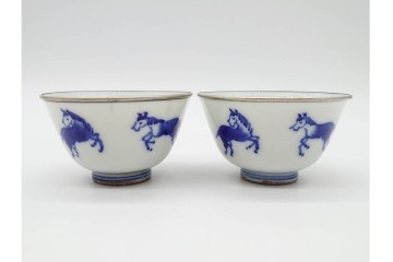 唐物　成化年製　南京染付　馬図が目を引く煎茶碗5点セット　外箱付き　(R-090407)