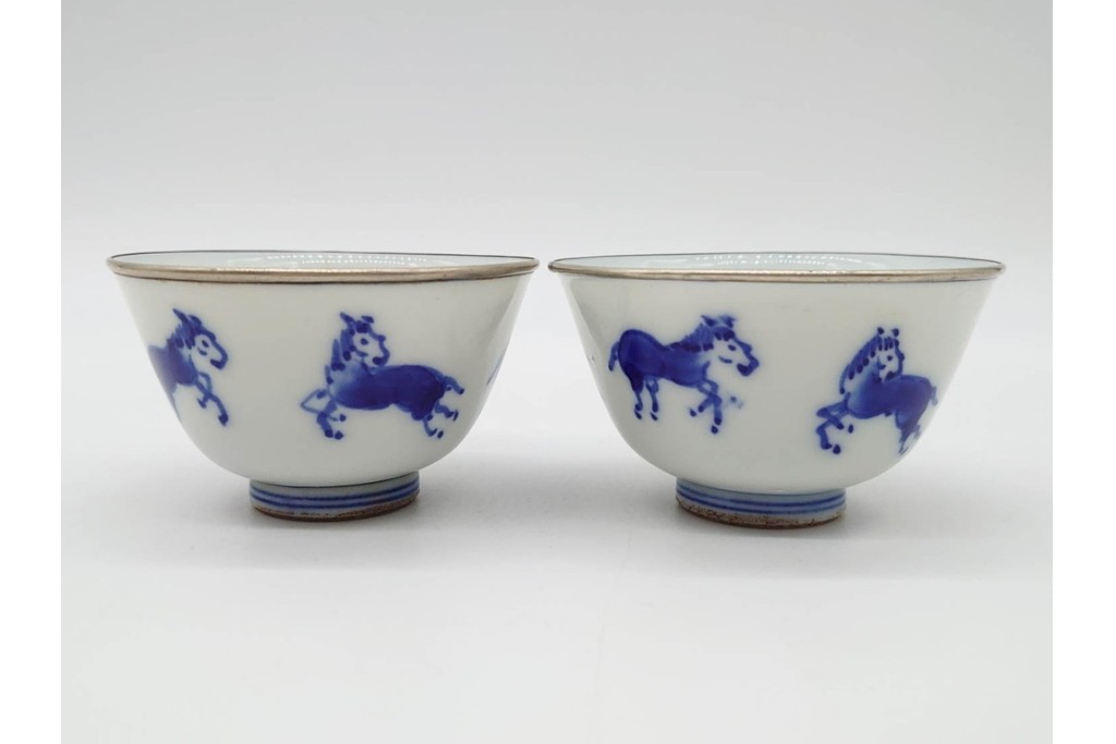 唐物　成化年製　南京染付　馬図が目を引く煎茶碗5点セット　外箱付き　(R-090407)