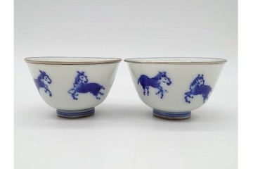 唐物　成化年製　南京染付　馬図が目を引く煎茶碗5点セット　外箱付き　(R-090407)