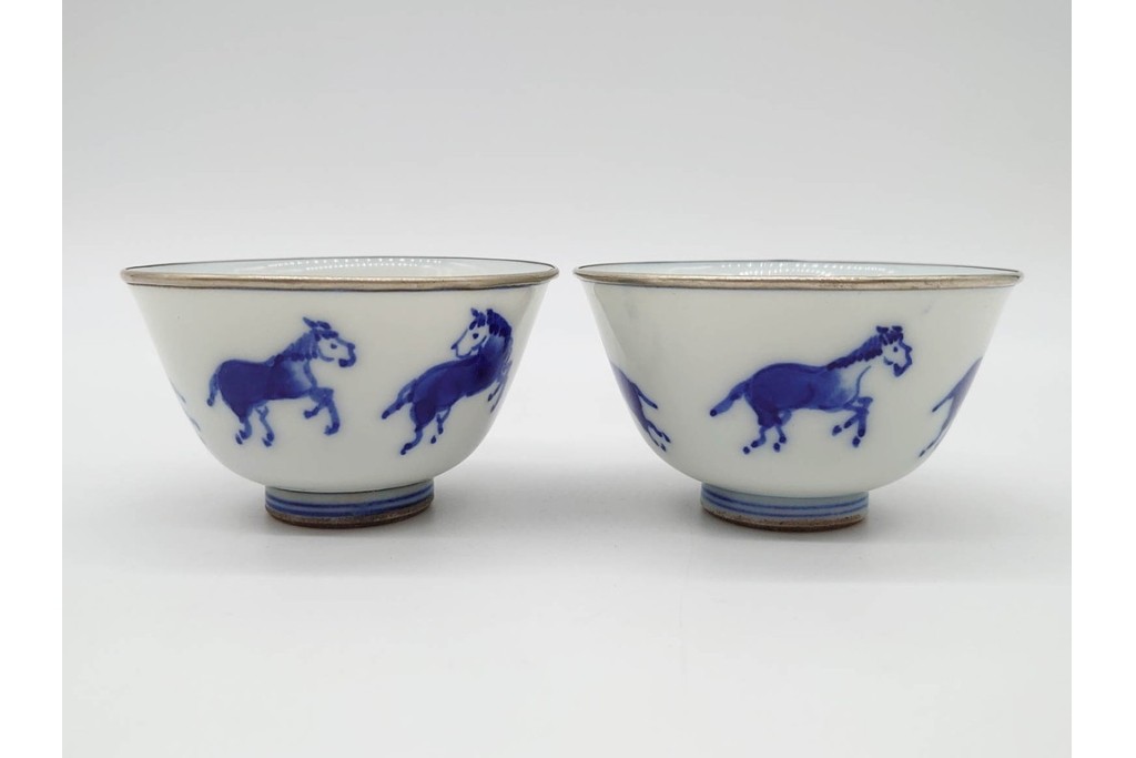 唐物　成化年製　南京染付　馬図が目を引く煎茶碗5点セット　外箱付き　(R-090407)