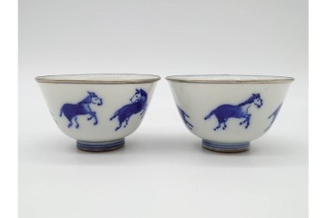 唐物　成化年製　南京染付　馬図が目を引く煎茶碗5点セット　外箱付き　(R-090407)