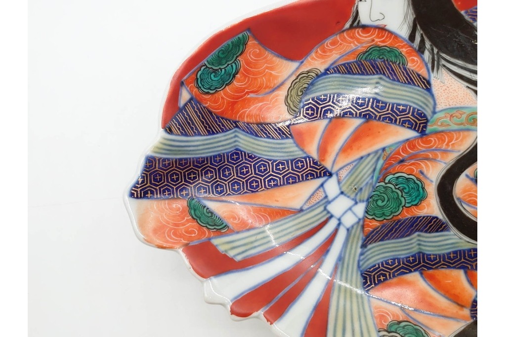 江戸期　古伊万里　色絵・染付　花唐草　冨貴長春　あでやかな小町形向付(姫皿)5点セット　外箱付き　(R-090408)