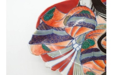 江戸期　古伊万里　色絵・染付　花唐草　冨貴長春　あでやかな小町形向付(姫皿)5点セット　外箱付き　(R-090408)