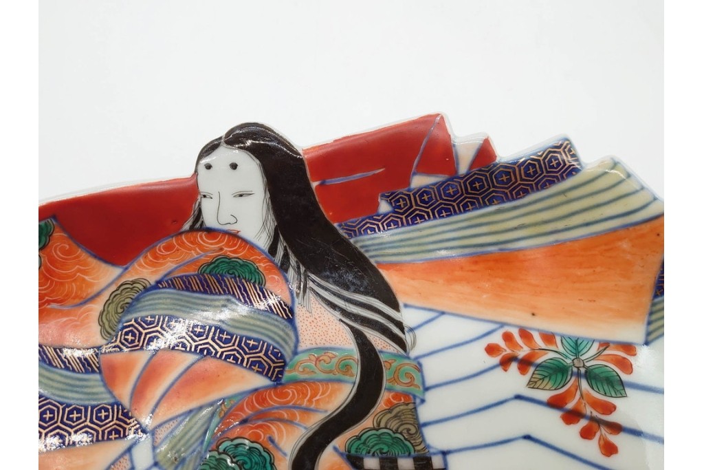 江戸期　古伊万里　色絵・染付　花唐草　冨貴長春　あでやかな小町形向付(姫皿)5点セット　外箱付き　(R-090408)