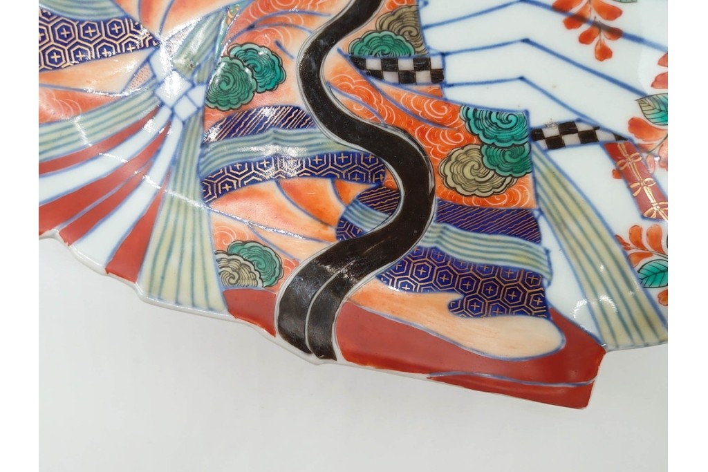 江戸期　古伊万里　色絵・染付　花唐草　冨貴長春　あでやかな小町形向付(姫皿)5点セット　外箱付き　(R-090408)