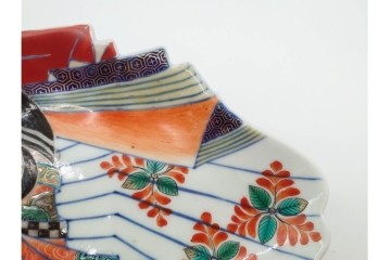江戸期　古伊万里　色絵・染付　花唐草　冨貴長春　あでやかな小町形向付(姫皿)5点セット　外箱付き　(R-090408)
