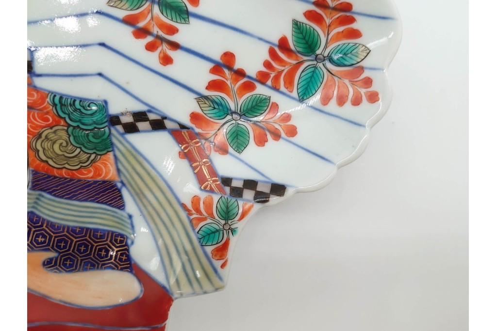 江戸期　古伊万里　色絵・染付　花唐草　冨貴長春　あでやかな小町形向付(姫皿)5点セット　外箱付き　(R-090408)