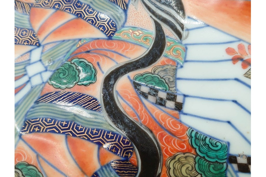 江戸期　古伊万里　色絵・染付　花唐草　冨貴長春　あでやかな小町形向付(姫皿)5点セット　外箱付き　(R-090408)