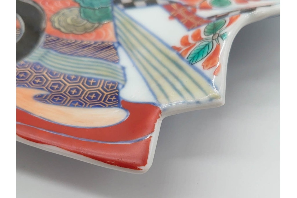 江戸期　古伊万里　色絵・染付　花唐草　冨貴長春　あでやかな小町形向付(姫皿)5点セット　外箱付き　(R-090408)