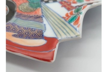 江戸期　古伊万里　色絵・染付　花唐草　冨貴長春　あでやかな小町形向付(姫皿)5点セット　外箱付き　(R-090408)