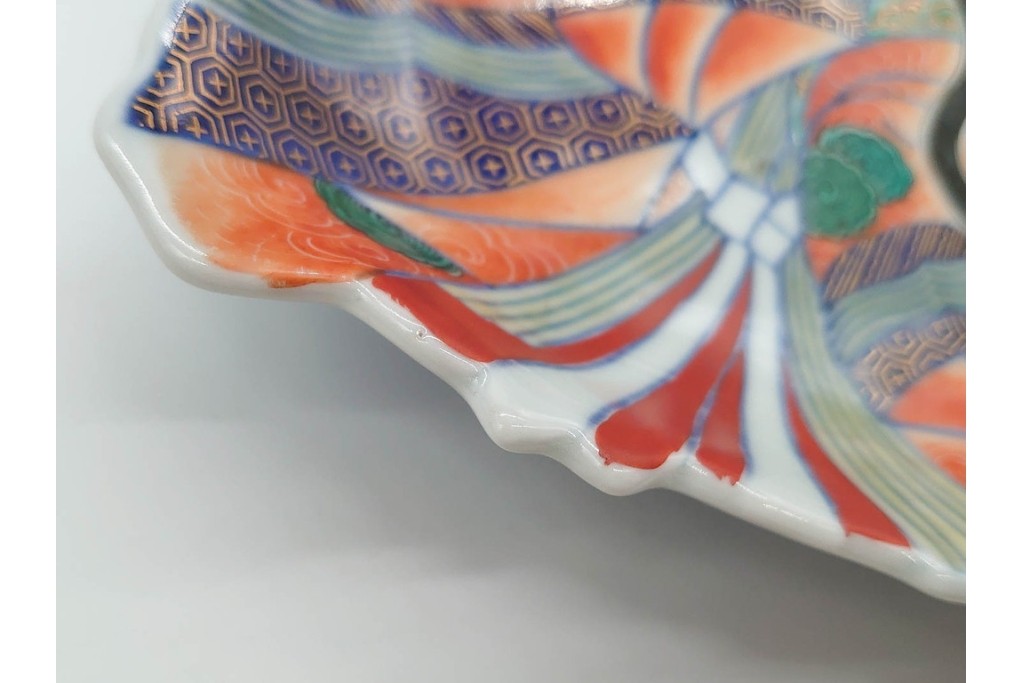 江戸期　古伊万里　色絵・染付　花唐草　冨貴長春　あでやかな小町形向付(姫皿)5点セット　外箱付き　(R-090408)
