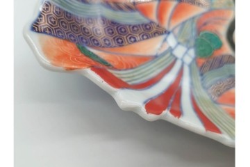 江戸期　古伊万里　色絵・染付　花唐草　冨貴長春　あでやかな小町形向付(姫皿)5点セット　外箱付き　(R-090408)