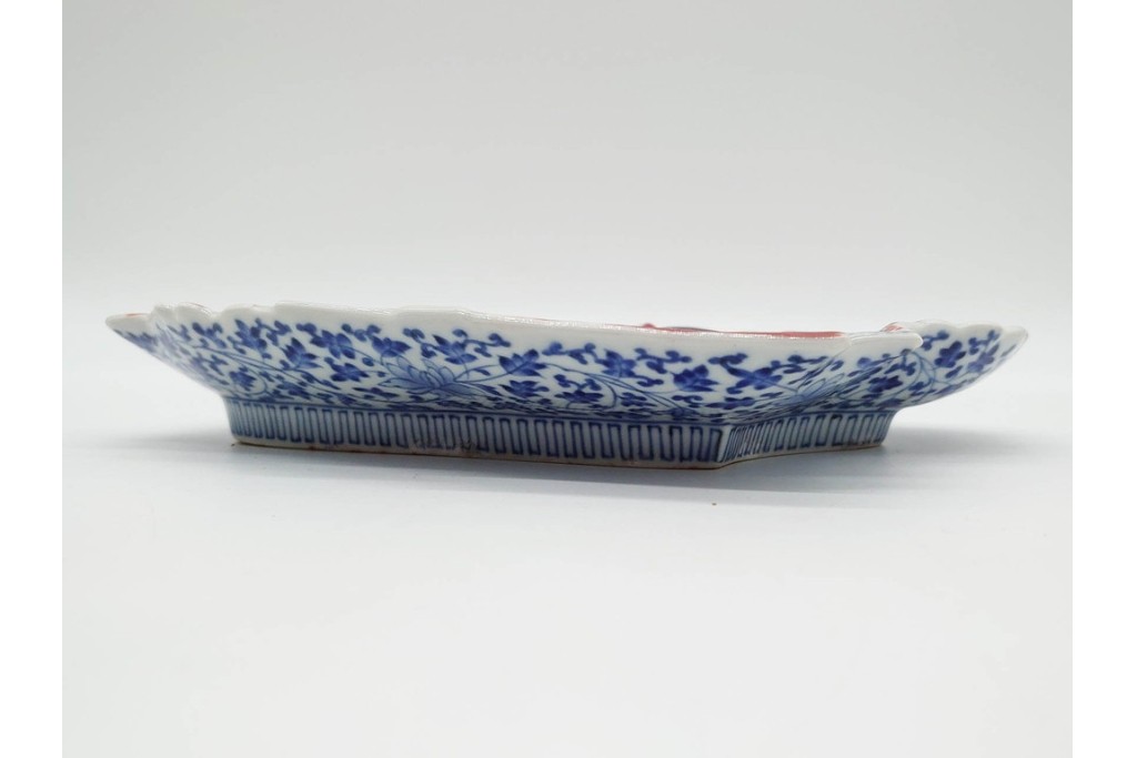 江戸期　古伊万里　色絵・染付　花唐草　冨貴長春　あでやかな小町形向付(姫皿)5点セット　外箱付き　(R-090408)
