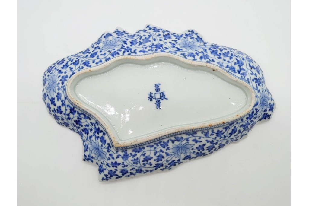江戸期　古伊万里　色絵・染付　花唐草　冨貴長春　あでやかな小町形向付(姫皿)5点セット　外箱付き　(R-090408)