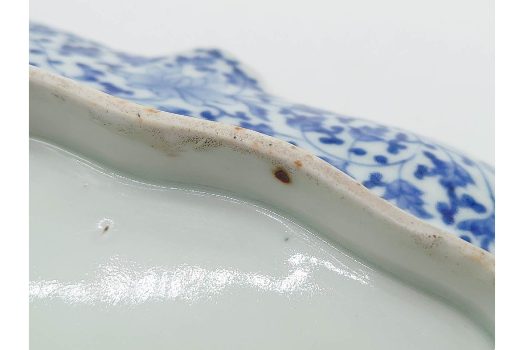 江戸期　古伊万里　色絵・染付　花唐草　冨貴長春　あでやかな小町形向付(姫皿)5点セット　外箱付き　(R-090408)