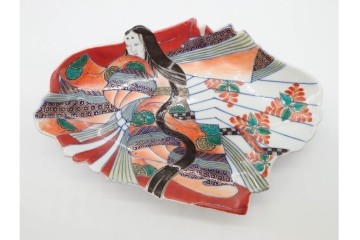 江戸期　古伊万里　色絵・染付　花唐草　冨貴長春　あでやかな小町形向付(姫皿)5点セット　外箱付き　(R-090408)