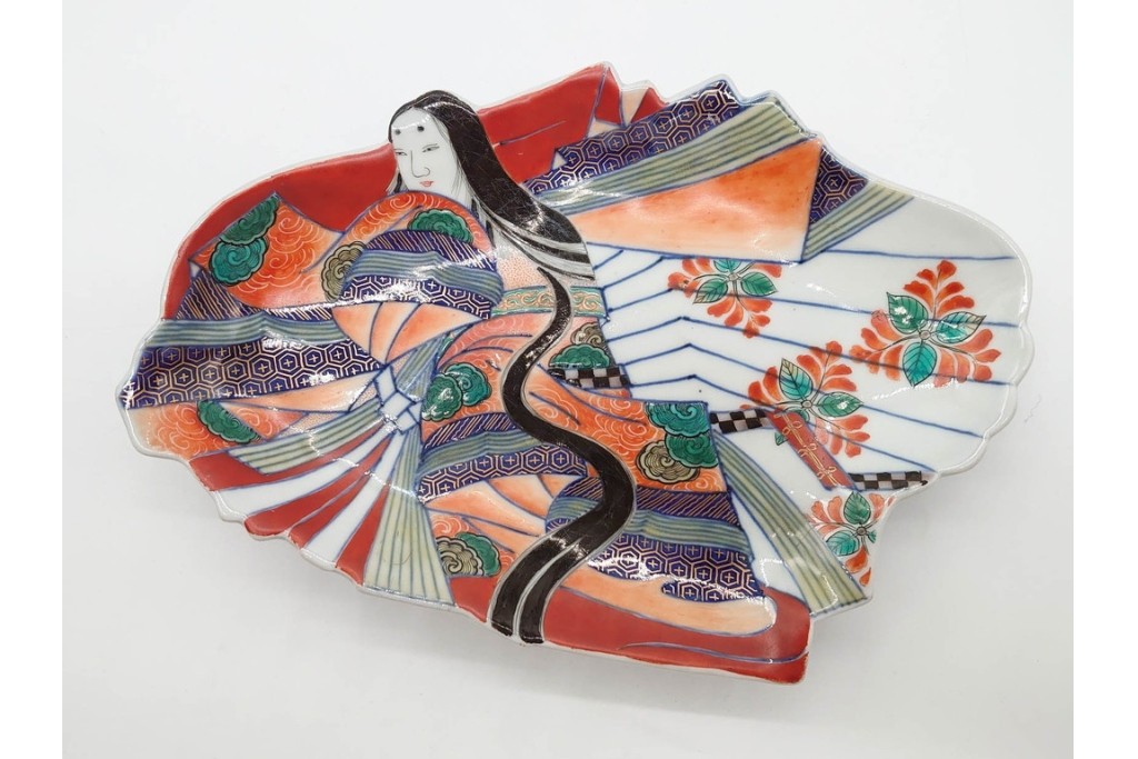 江戸期　古伊万里　色絵・染付　花唐草　冨貴長春　あでやかな小町形向付(姫皿)5点セット　外箱付き　(R-090408)