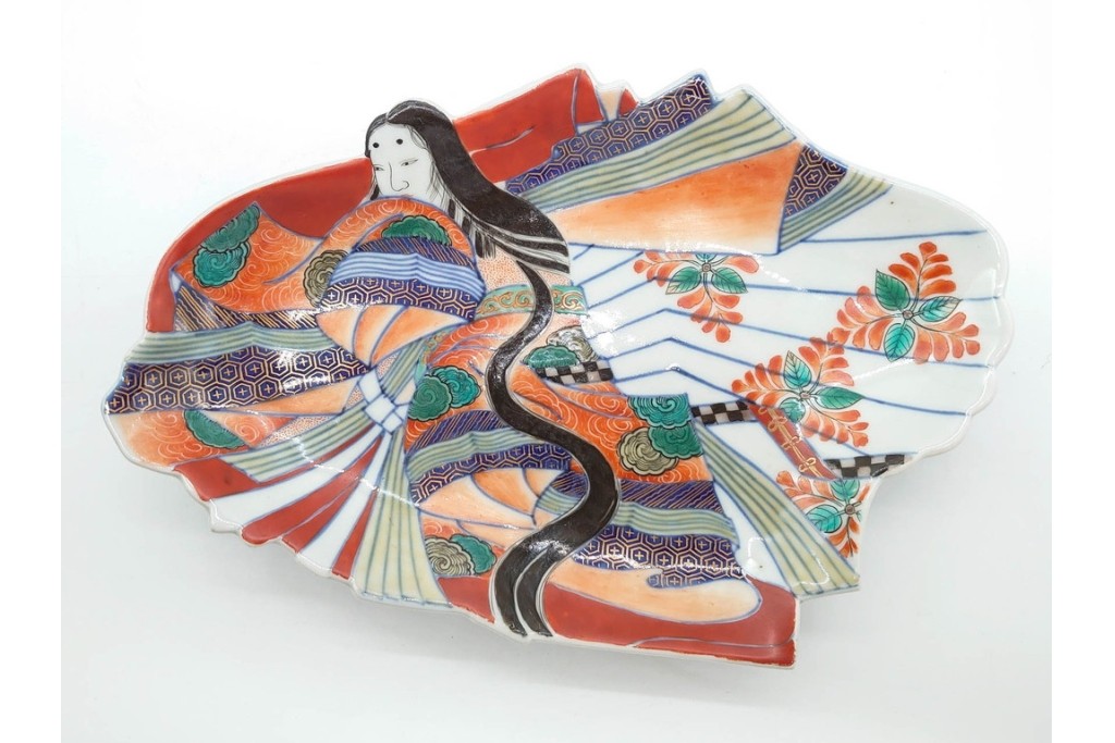 江戸期　古伊万里　色絵・染付　花唐草　冨貴長春　あでやかな小町形向付(姫皿)5点セット　外箱付き　(R-090408)