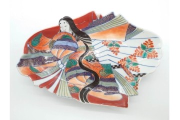 江戸期　古伊万里　色絵・染付　花唐草　冨貴長春　あでやかな小町形向付(姫皿)5点セット　外箱付き　(R-090408)