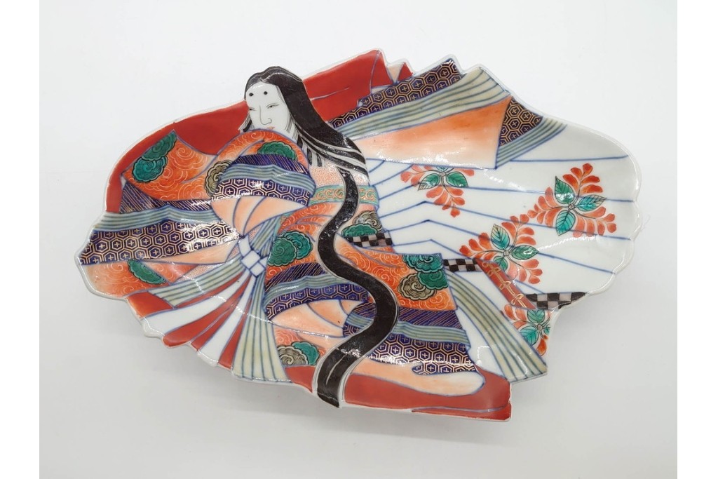 江戸期　古伊万里　色絵・染付　花唐草　冨貴長春　あでやかな小町形向付(姫皿)5点セット　外箱付き　(R-090408)