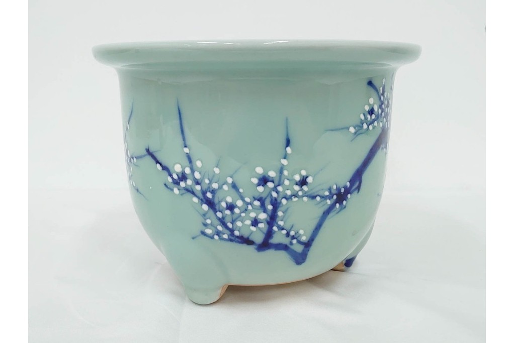 昭和初期　青磁　上品な梅図の三足植木鉢　(R-090416)