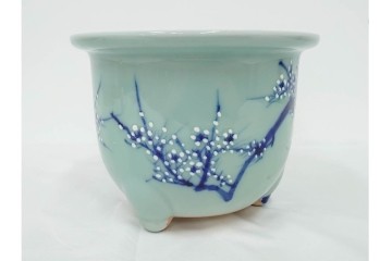 昭和初期　青磁　上品な梅図の三足植木鉢　(R-090416)