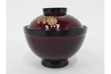 輪島塗　若島量平作　木製　漆器　蒔絵による菊文が華やかな吸物椀5点セット　共箱付き　(R-090419)