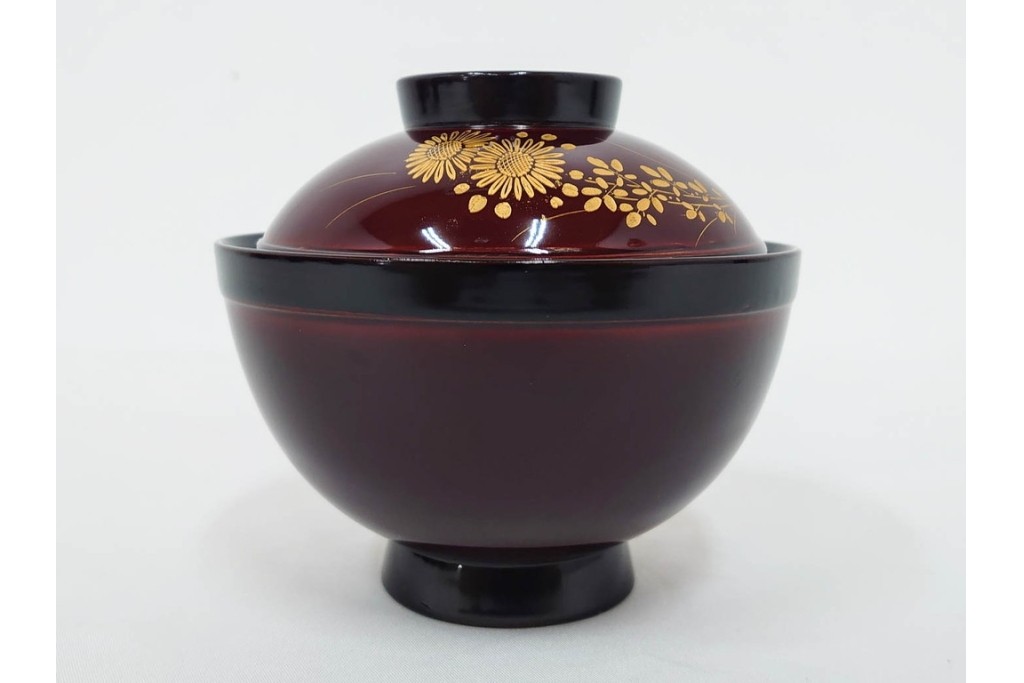 輪島塗　若島量平作　木製　漆器　蒔絵による菊文が華やかな吸物椀5点セット　共箱付き　(R-090419)