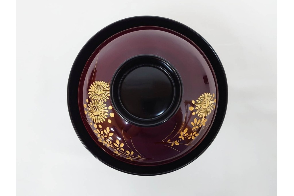 輪島塗　若島量平作　木製　漆器　蒔絵による菊文が華やかな吸物椀5点セット　共箱付き　(R-090419)