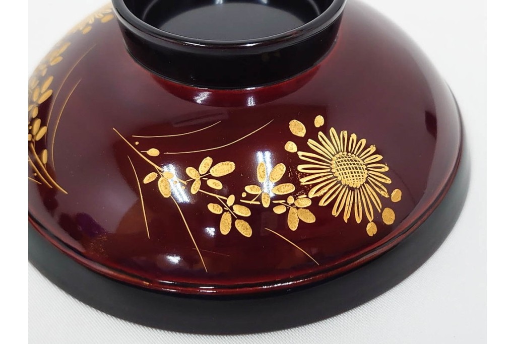 輪島塗　若島量平作　木製　漆器　蒔絵による菊文が華やかな吸物椀5点セット　共箱付き　(R-090419)