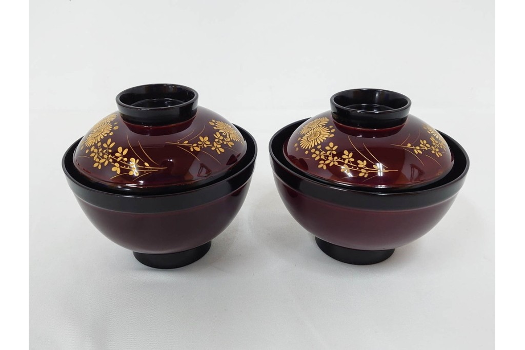 輪島塗　若島量平作　木製　漆器　蒔絵による菊文が華やかな吸物椀5点セット　共箱付き　(R-090419)