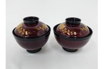 輪島塗　若島量平作　木製　漆器　蒔絵による菊文が華やかな吸物椀5点セット　共箱付き　(R-090419)