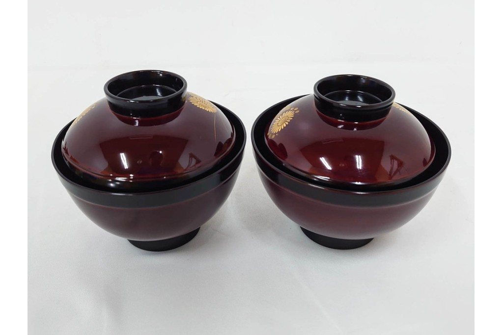 輪島塗　若島量平作　木製　漆器　蒔絵による菊文が華やかな吸物椀5点セット　共箱付き　(R-090419)