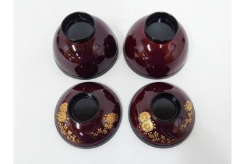 輪島塗　若島量平作　木製　漆器　蒔絵による菊文が華やかな吸物椀5点セット　共箱付き　(R-090419)