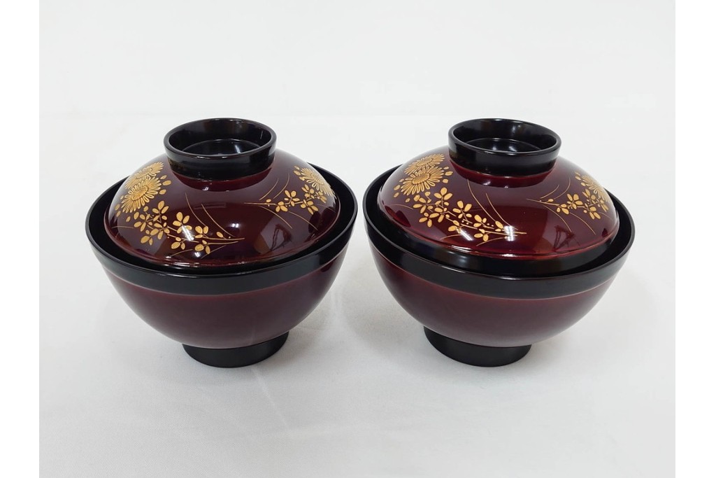 輪島塗　若島量平作　木製　漆器　蒔絵による菊文が華やかな吸物椀5点セット　共箱付き　(R-090419)