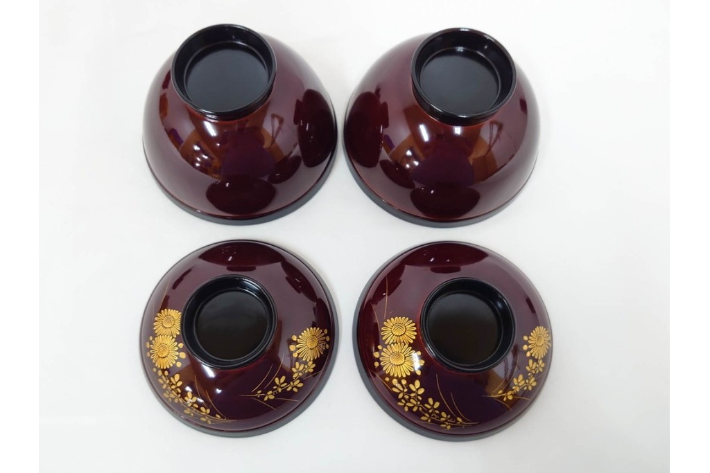 輪島塗　若島量平作　木製　漆器　蒔絵による菊文が華やかな吸物椀5点セット　共箱付き　(R-090419)