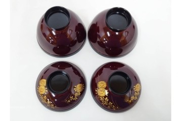 輪島塗　若島量平作　木製　漆器　蒔絵による菊文が華やかな吸物椀5点セット　共箱付き　(R-090419)