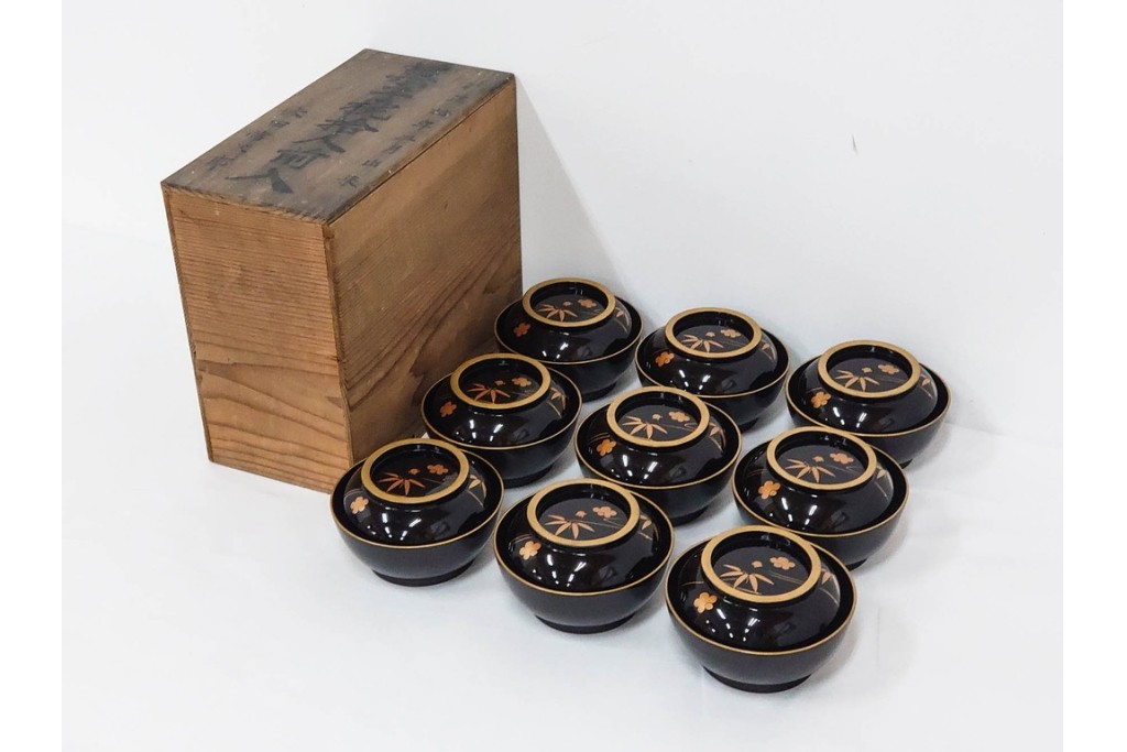 大正期　木製漆器　竹梅文・紅葉文　蒔絵が上品な菓子椀9点セット　外箱付き　(R-090420)