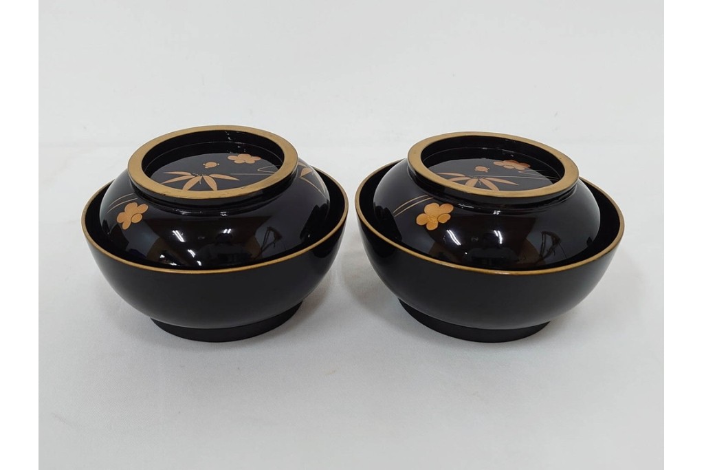 大正期　木製漆器　竹梅文・紅葉文　蒔絵が上品な菓子椀9点セット　外箱付き　(R-090420)