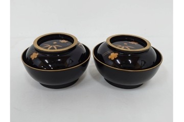 大正期　木製漆器　竹梅文・紅葉文　蒔絵が上品な菓子椀9点セット　外箱付き　(R-090420)