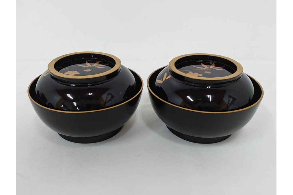 大正期　木製漆器　竹梅文・紅葉文　蒔絵が上品な菓子椀9点セット　外箱付き　(R-090420)