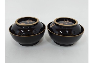 大正期　木製漆器　竹梅文・紅葉文　蒔絵が上品な菓子椀9点セット　外箱付き　(R-090420)