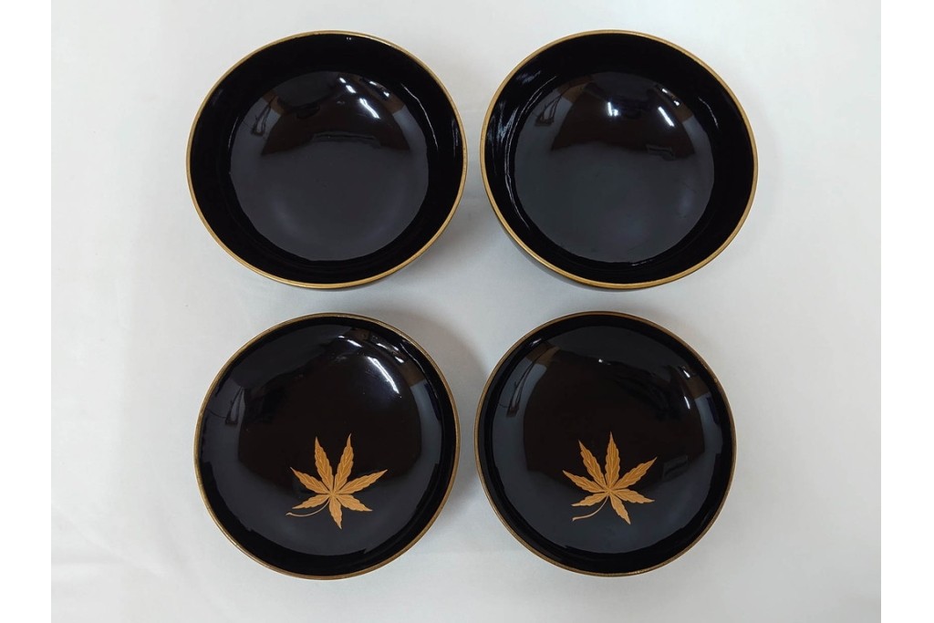 大正期　木製漆器　竹梅文・紅葉文　蒔絵が上品な菓子椀9点セット　外箱付き　(R-090420)