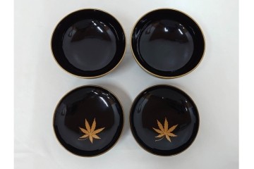 大正期　木製漆器　竹梅文・紅葉文　蒔絵が上品な菓子椀9点セット　外箱付き　(R-090420)
